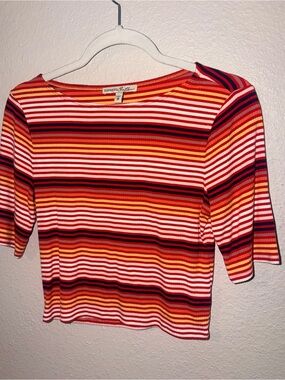Express Multicolor Striped Ribbed Crop Top — Red, Orange, Pink, Navy